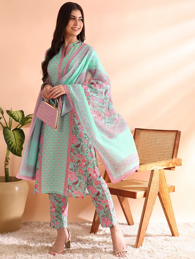 Women Turquoise Floral Printed Suit Set (Size-L) (Color-Turquoise)