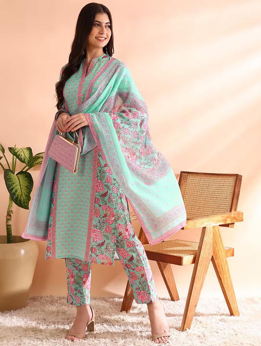 Women Turquoise Floral Printed Suit Set (Size-L) (Color-Turquoise)