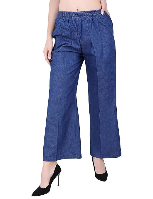 Women's Loose Fit Denim Palazzo (Size-40) (Color-NAVY BLUE)