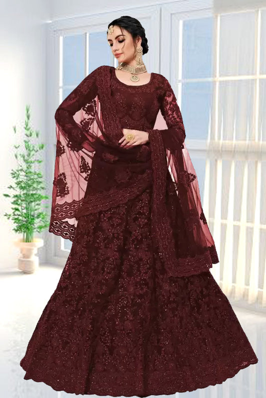 Women's Embroidered Semi Stitched Lehenga Choli (Color-MAROON)