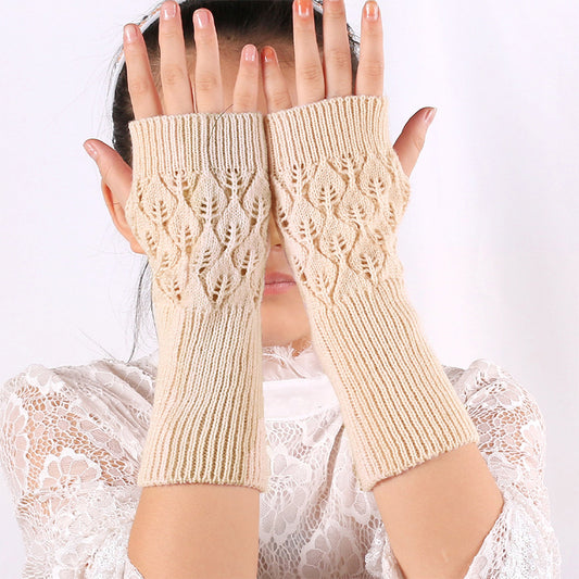 Winter Arm Hand Warmer Knitted Long Fingerless Gloves Soft Mittens for Female - Beige