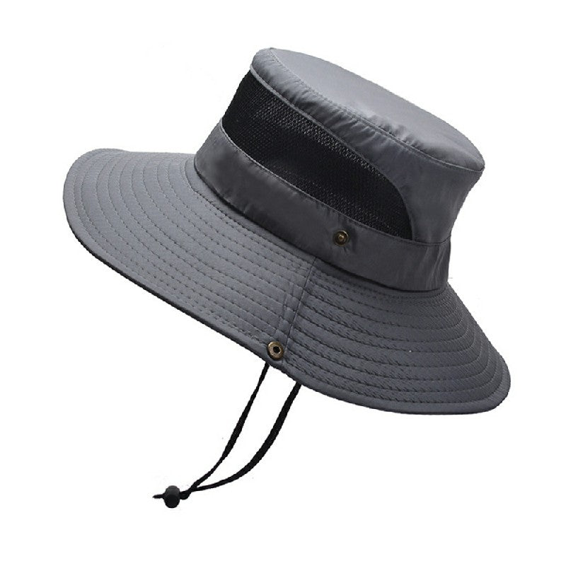 Wide Brim Summer UV Protection Sun Hat Safari Boonie Hat Foldable Fishing Hat with Adjustable Chin Strap - Grey