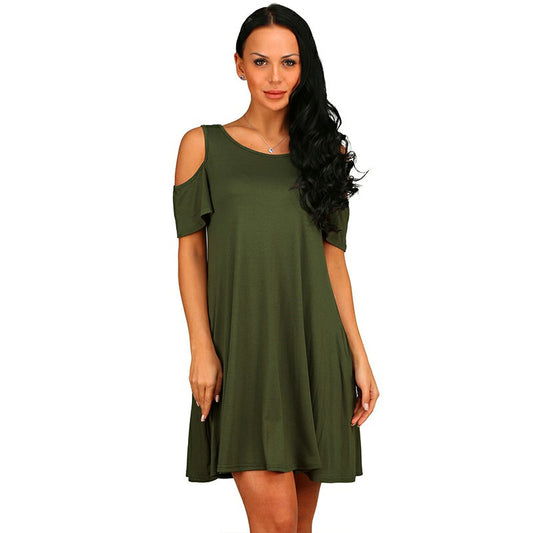 Women Summer Casual Spaghetti Strap Off Shoulder Ruffle Sleeves Shift Loose Mini Dress with Pockets - Green