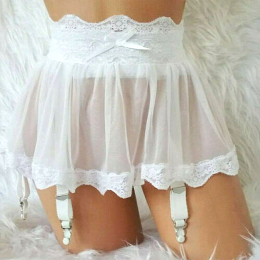 Women Lingerie Lace Up Mini Skirt with Garter Belt Underwear Nightwear - White XL