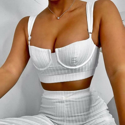 White Two Piece Set Women Knitted Tracksuit Sleeveless Strapless Crop