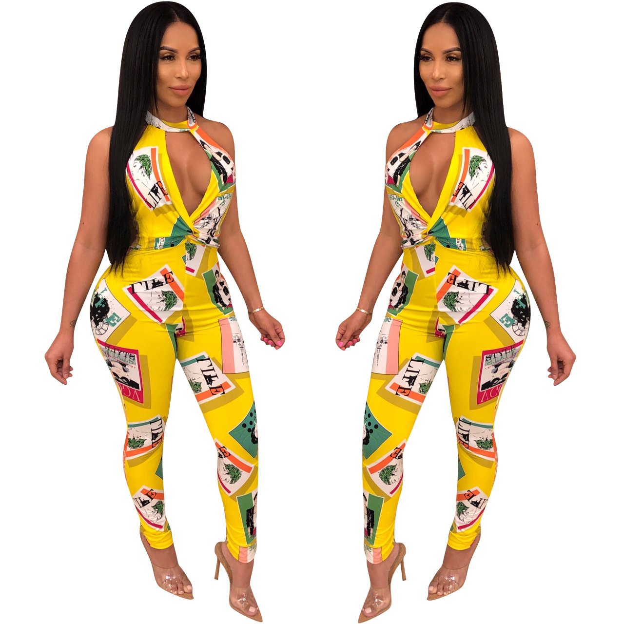 Women Leotard Deep V Sleeve Printed Backless Halter High Waist Ladies