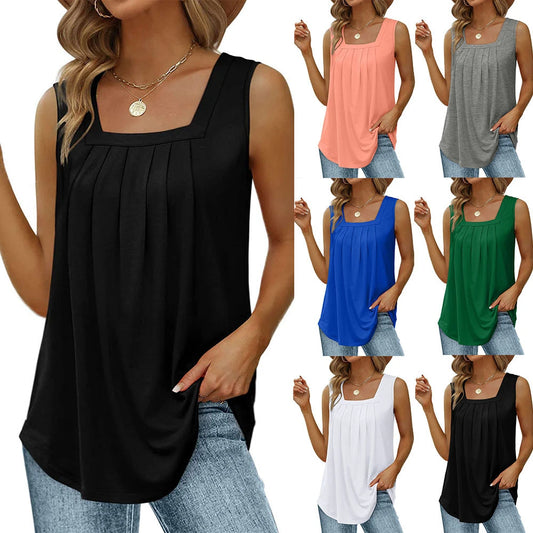 Women's Fashion Sleeveless T-shirt Summer Solid Color Square Neck Pleated Loose T-shirt Tank Plus Size Suspender Vest S-5XL