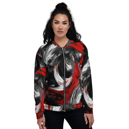 Womens Bomber Jacket, Decorative Black Red White Abstract Seamless 2