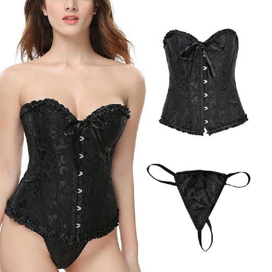 Women Overbust Boned Burlesque Bustier Top Lace-Up Costume Jacquard Corset with Thong - Size 4XL