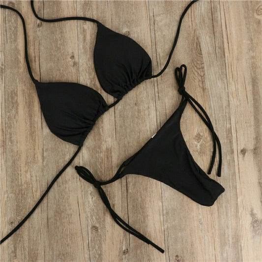 Women Halter Bikini Set Bra Top + Mini Triangle G-string Thong Swimwear Swimsuit Set